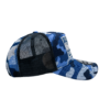 A blue and white camouflage hat with a black mesh back.
