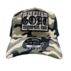 A camo hat with the words bleeker goat in black lettering.