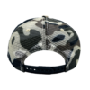 A black and white camo hat with a mesh back.