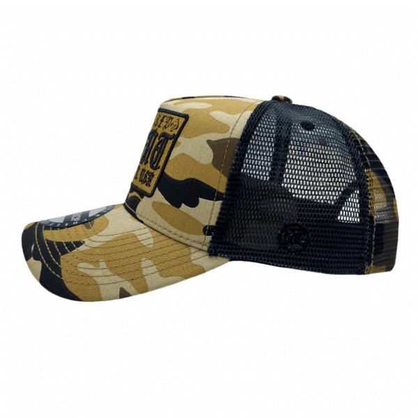 A camo hat with black mesh back and a patch.