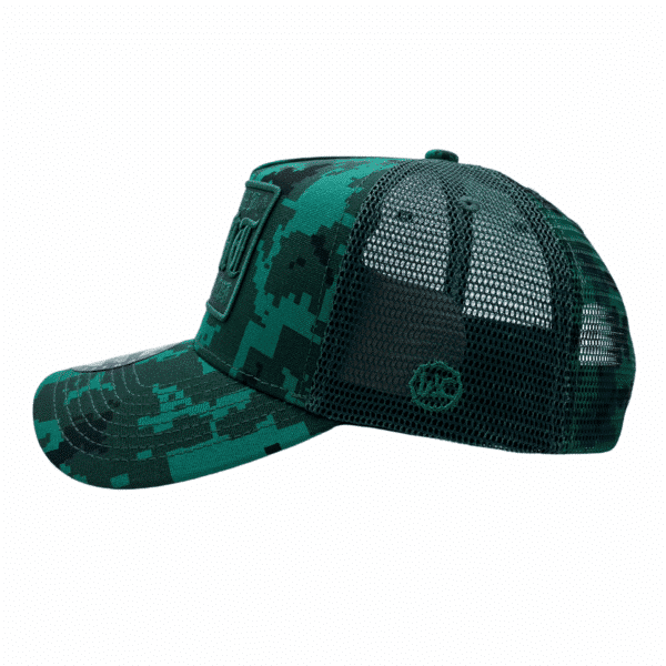 A green and black hat with a patch on the side.