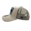 A beige hat with a blue and white logo.