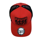 A red hat with black mesh and a patch on the front.
