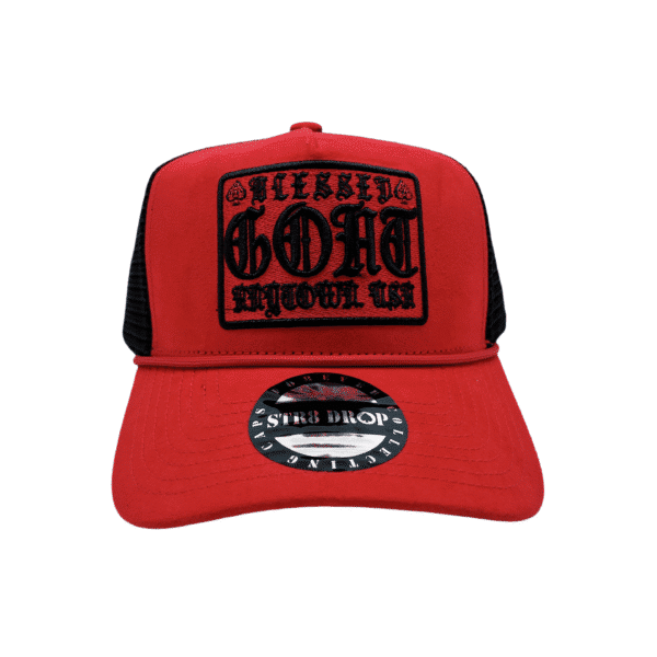 A red hat with black lettering on it.