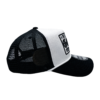 A black and white hat with a logo on it.