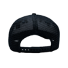 A black hat with a mesh back and a logo on it.