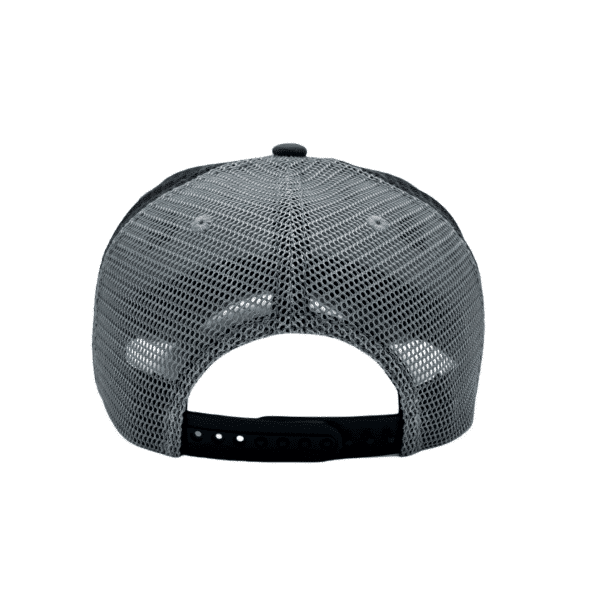 A gray hat with a black and white logo on it.