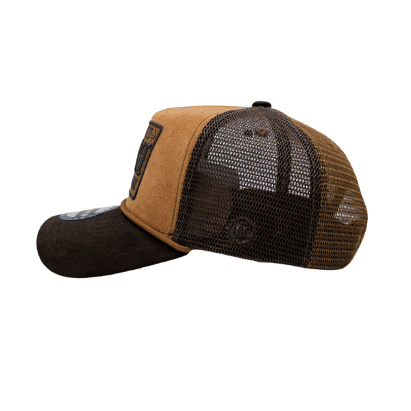 A brown and black hat with an embroidered logo.
