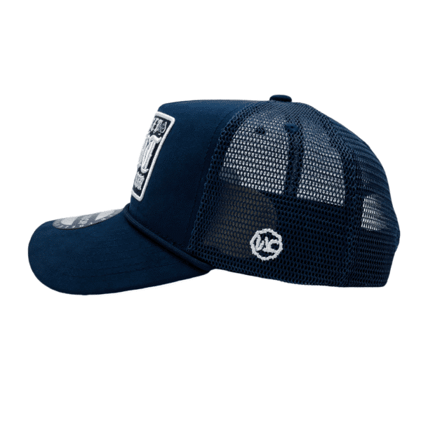 A navy blue hat with a white logo on it.