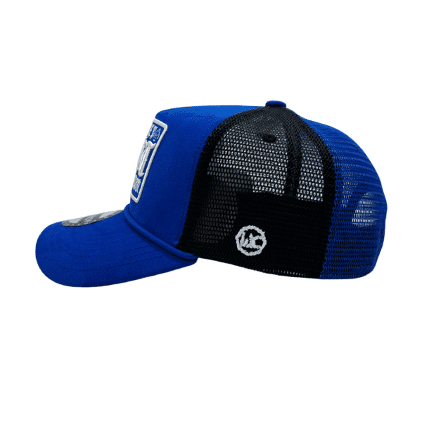A blue and black hat with a white logo.