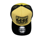 A yellow and black hat with the words " blesses of god ".