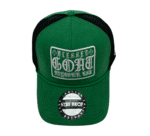 A green hat with a black mesh back.