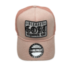A pink hat with a patch on it