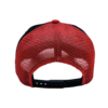 A red and black hat with a white logo on it.