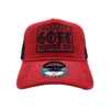 A red hat with black lettering on it.