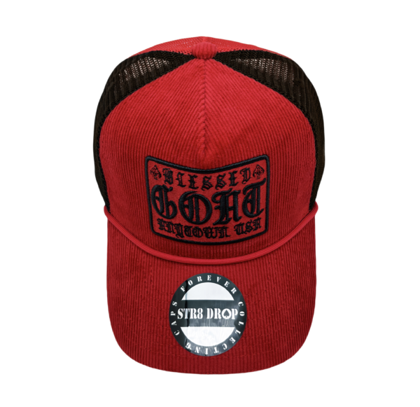 A red hat with black mesh and an embroidered logo.