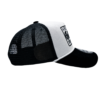 A black and white hat with a patch on it