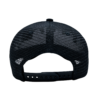 A black hat with a mesh back and a black strap.