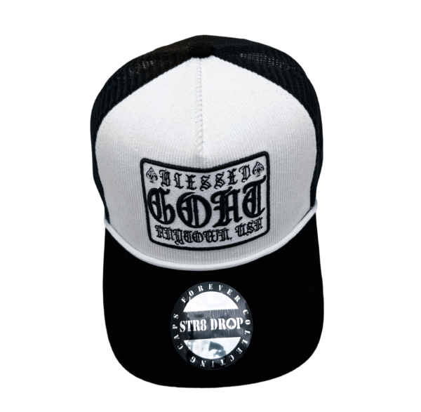 A black and white hat with the words " blessed to be born in 2 0 1 8 ".