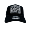 A black hat with a white logo on it.