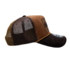 A brown and tan hat with a patch on the side.