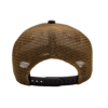 A brown hat with a black and white logo on it.