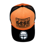 A black and orange hat with the words " blessed by god ".