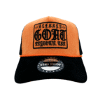 A black and orange hat with the words " blessed gord."