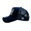 A black hat with a white patch on the side.