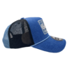 A blue and black hat with a patch on it