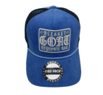 A blue hat with a patch on it