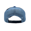 A blue and black hat with a white logo on it.