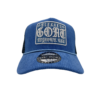 A blue and black hat with the words " brooklyn goha " on it.
