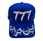A blue hat with white writing on it.