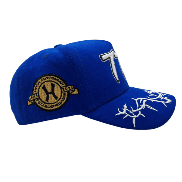 A blue hat with a white design on it.