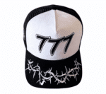 A black and white hat with the word " 7 7 7 ".