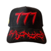 A black hat with red writing on it.