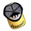 A yellow and black hat with a logo on it.