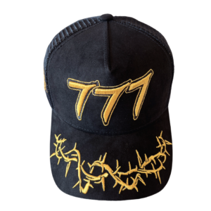 A black hat with yellow writing and barbed wire.
