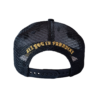 A black hat with a yellow and white logo.