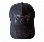 A black hat with the number 7 7 on it.