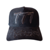 A black hat with the number 7 7 written on it.