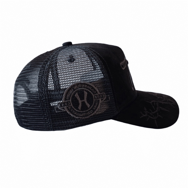 A black hat with a logo on it