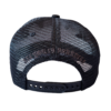 A black hat with a mesh back and a logo on it.