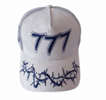 A white hat with blue writing on it.