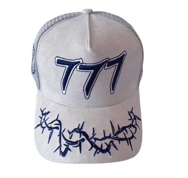 A white hat with blue writing on it.
